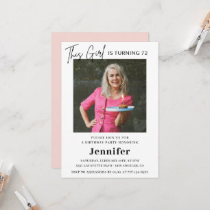 Convite Elegante Foto Moderno Rosa Aniversário de 72 anos