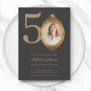 Convite Elegante Foto Personalizada Dourada 50º Aniversári