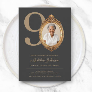 Convite Elegante Foto Personalizada Dourada de 90 Anos de