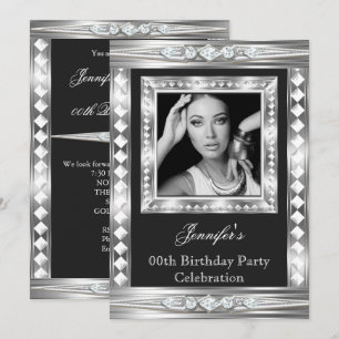 Convite Elegante Foto Prata Glam Diamante Preto Aniversári