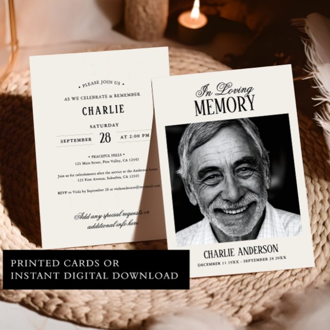 Convite Elegante Foto Preto e Branco Funeral Script (Criador carregado)
