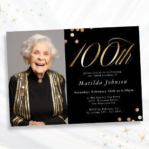 Convite Elegante Foto Preto e Dourado Aniversário de 100 a