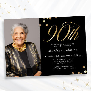 Convite Elegante Foto Preto e Dourado Aniversário de 90 an