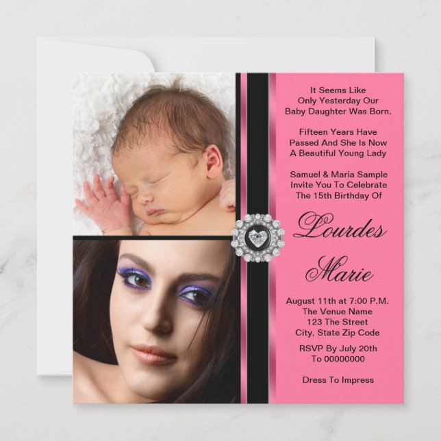 Convite Elegante Foto Rosa Quinceanera (Frente)