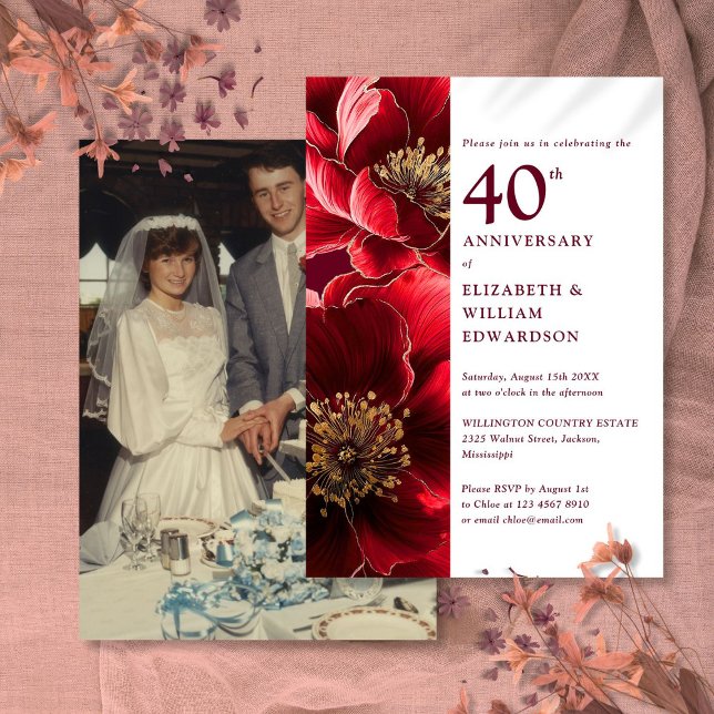 Convite Elegante Foto Vermelho Ouro Floral de 40º Aniversá (Elegant Red Gold Floral 40th Anniversary Photo Invitation)