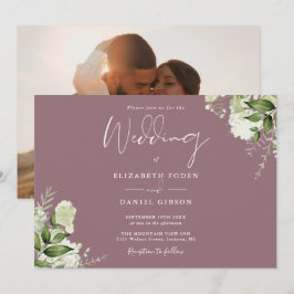 Convite Elegante Fotografia de Flor de Greenery Roxo Casam