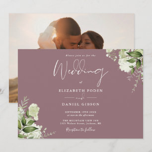 Convite Elegante Fotografia de Flor de Greenery Roxo Casam