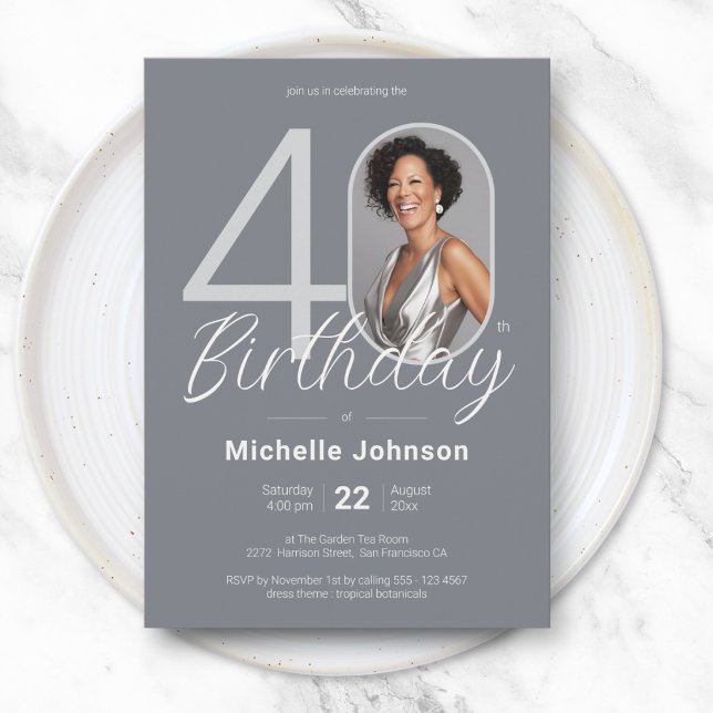 Convite Elegante Fotografia Personalizada Prata Branco 40º (Elegant Custom Photo White Silver 40th Birthday Invitation)