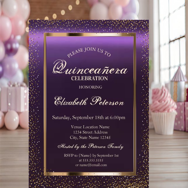 Convite Elegante Frame Confetti Purple Quinceañera (Criador carregado)