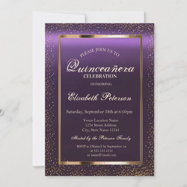 Convite Elegante Frame Confetti Purple Quinceañera (Frente)