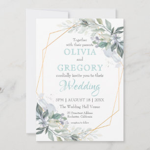 Convite Elegante Frame Dourado Greenery Dusty Blue Casamen