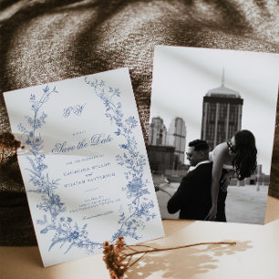 Convite Elegante Francês Vintage Blue Floral Salvar Data