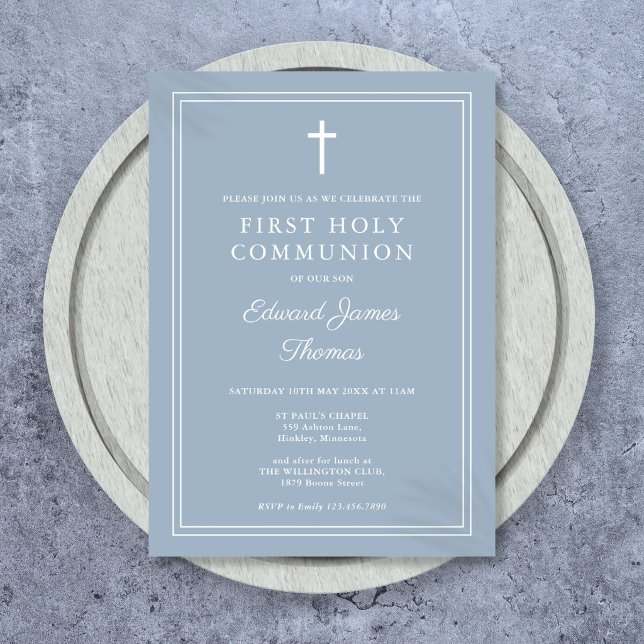 Convite Elegante Fronteira Azul Poeirento Primeira Comunhã (Elegant Border Dusty Blue First Holy Communion Invitation)