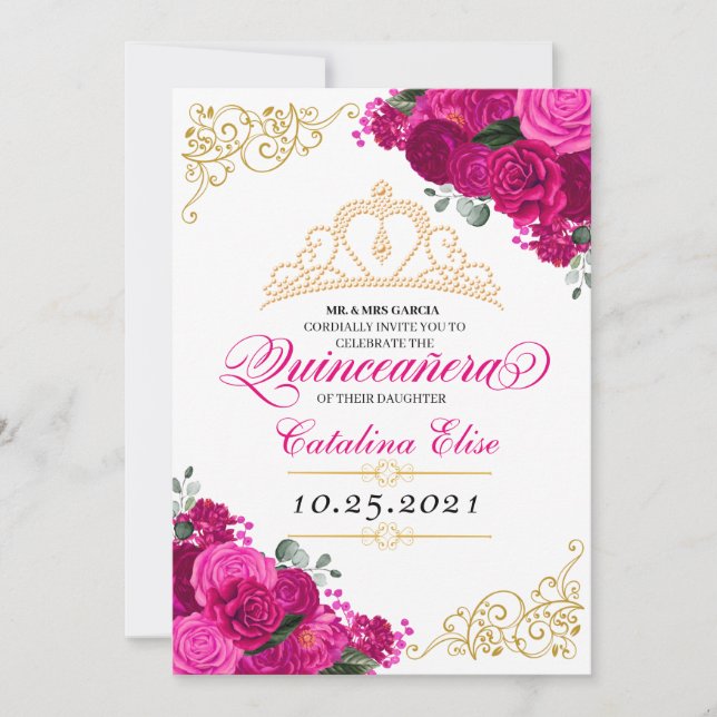 Convite Elegante Fuchsia Floral Rosa Quinceanera Aniversár (Frente)