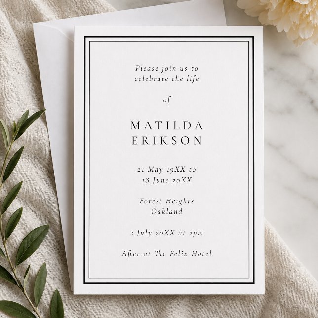 Convite Elegante Funeral | Celebração Clássica da Vida (Personalized funeral invitation with classic border for celebration of life details.)