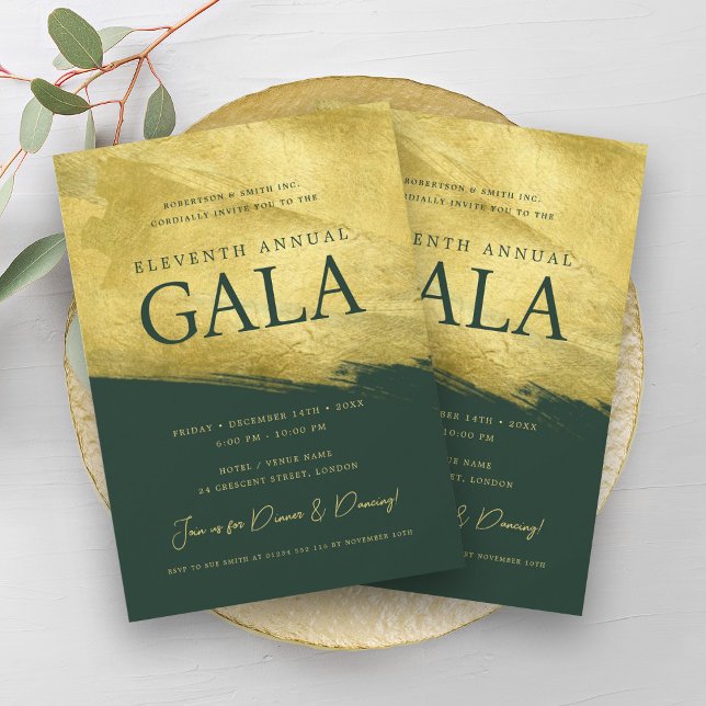 Convite Elegante GALA Business Dourado Brush Emerald (Elegant GALA Company Business Gold Brush Emerald Invitation)