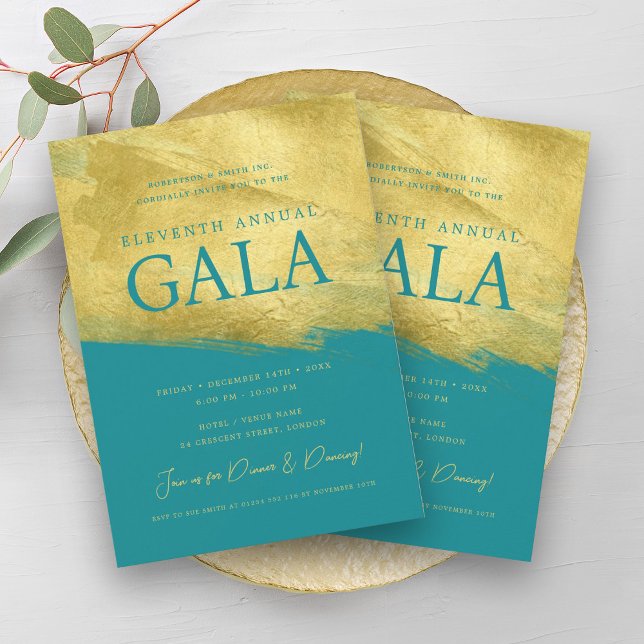 Convite Elegante GALA Company Dourada Turquesa de Pincel (Elegant GALA Company Business Gold Brush Turquoise Invitation)