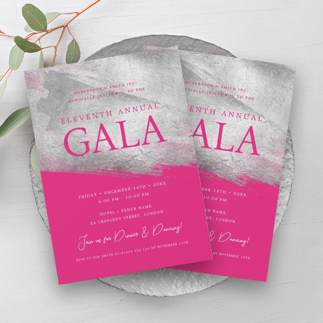 Convite Elegante GALA Company Silver Brussel Rosa Quente (Elegant GALA Company Silver Brush Hot Pink Invitation)