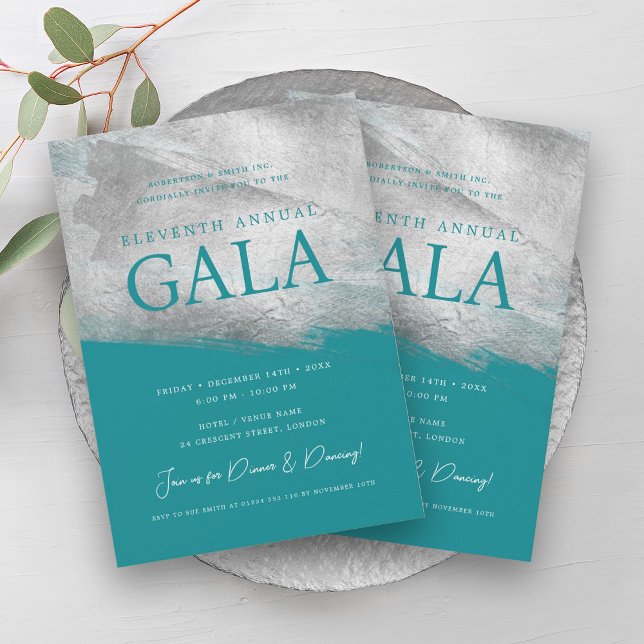 Convite Elegante GALA Company Silver Brussel Turquesa (Elegant GALA Company Silver Brush Turquoise Invitation)