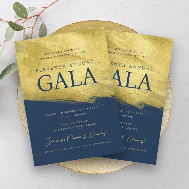 Convite Elegante GALA Empresa Dourada Pincel Azul (Elegant GALA Company Business Gold Brush Navy Blue Invitation)