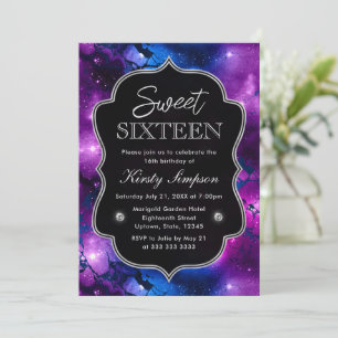 Convite Elegante Galáxia de Mármore Roxo e Azul Sweet Sixt