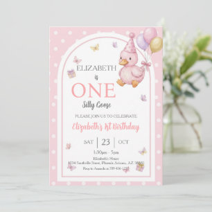 Convite Elegante Ganso Tolo Laço Rosa Menina 1º Aniversári