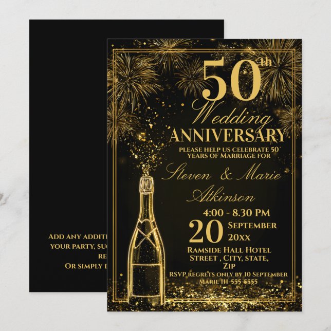 Convite Elegante Garrafa de Fizz Dourada de Aniversário de (Frente/Verso)