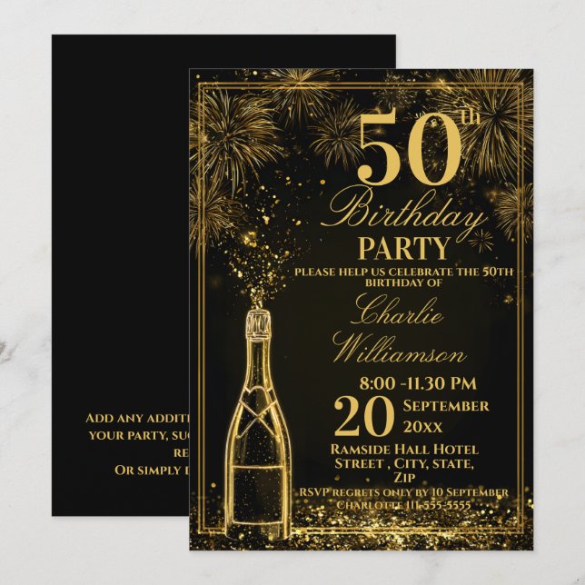 Convite Elegante Garrafa de Fizz Dourada de Aniversário de (Frente/Verso)