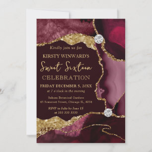 Convite Elegante Geodo de Ágata Borgonha e Ouro Sweet Sixt