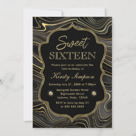 Convite Elegante Geodo de Estratos Preto e Dourado Sweet 1