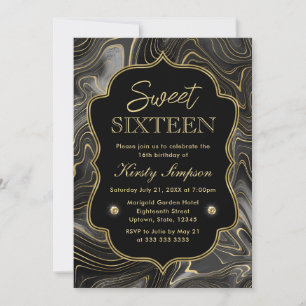 Convite Elegante Geodo de Estratos Preto e Dourado Sweet 1