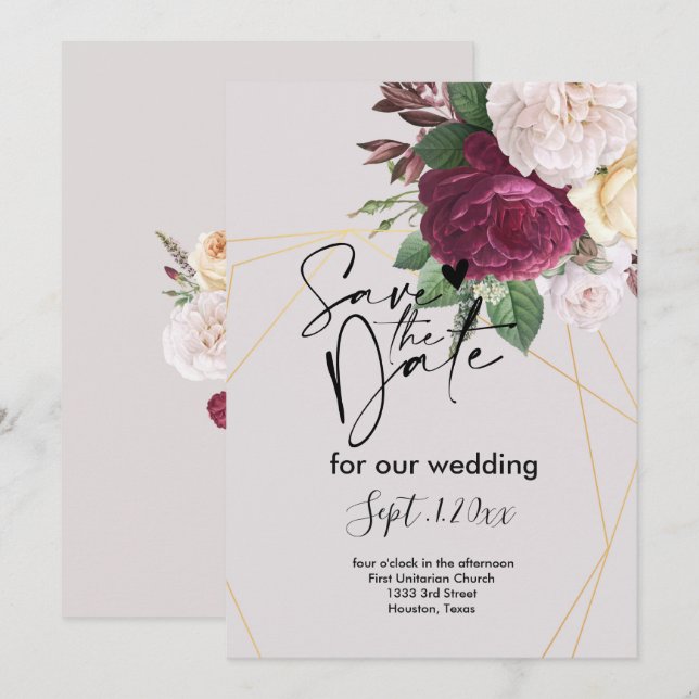 Convite Elegante geométrico dourado salve a data (Frente/Verso)