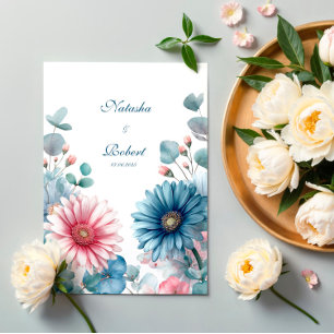 Convite Elegante Gerbera Daisy Eucalipto Rosa Poeira Azul