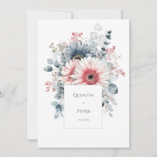 Convite Elegante Gerbera Margarida em Aquarela Rosa Azul E