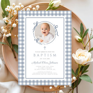 Convite Elegante Gingham Azul Poeirento Foto Menina Batism