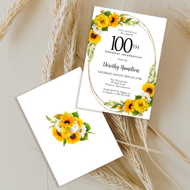 Convite Elegante Girassol 100ª Festa de aniversário (Sunflowers and daisies make a cheerful 100th birthday invitation!)