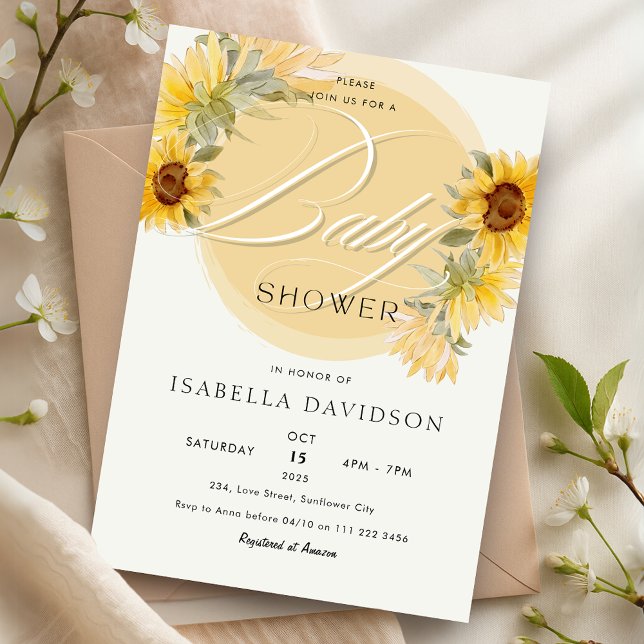 Convite Elegante Girassol Amarelo Chá de fraldas Floral (Elegant Sunflower Yellow Floral Baby Shower Invitation)