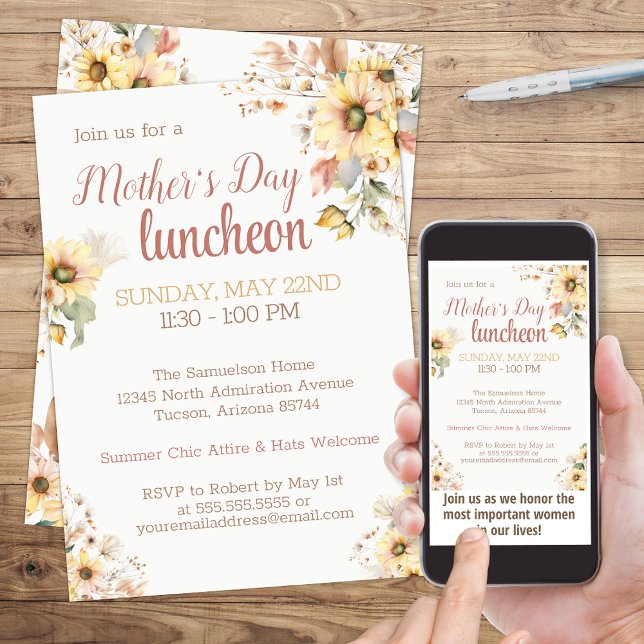 Convite Elegante Girassol Dia de as mães Floral (Elegant Sunflower Mother's Day Luncheon Brunch or Social Event Invitation)