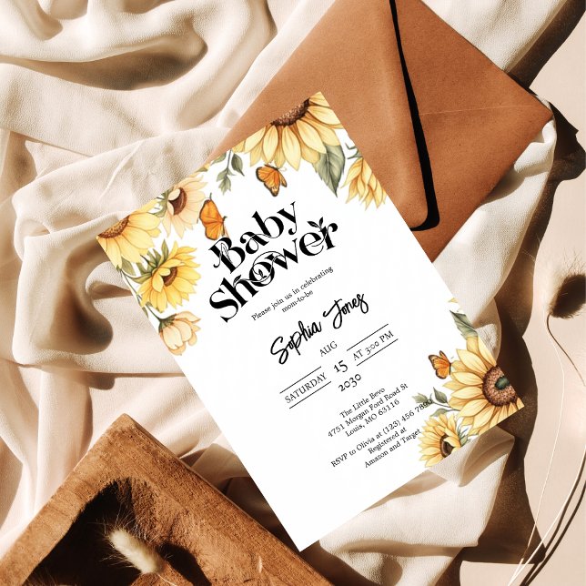 Convite Elegante Girassol e Chá de fraldas de borboleta (Criador carregado)