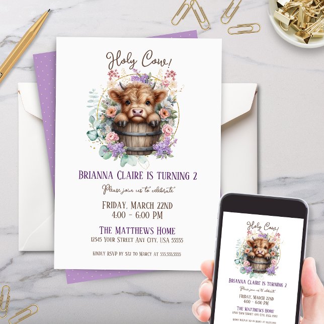 Convite Elegante Girly Floral Highland Festa de aniversári (Girly Elegant Floral Highland Cow Birthday Party Invitation for Little girls baby one two kids party)