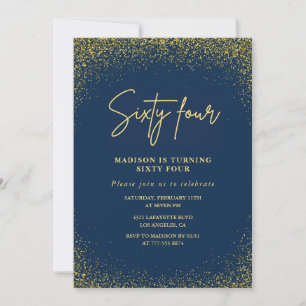 Convite Elegante Glam Azul Dourado Brilho 64º aniversário