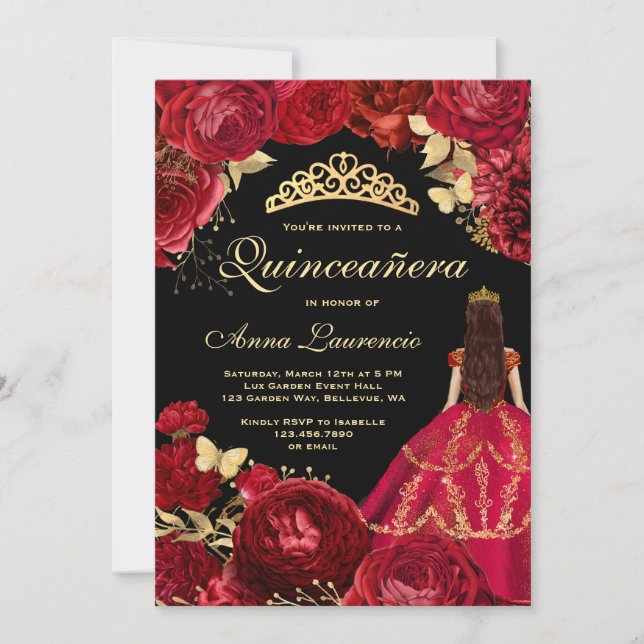 Convite Elegante Glam Black Dourado Quinceanera Vermelha (Frente)