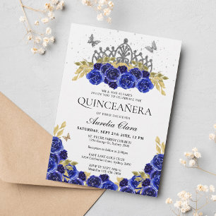 Convite Elegante Glam Blue Floral Silver Tiara Quinceanera