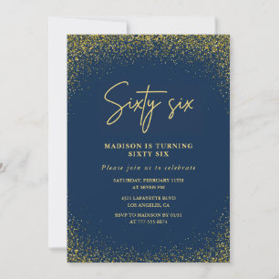 Convite Elegante Glam Navy Dourado Brilho 66º aniversário