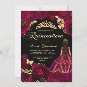 Convite Elegante Glam Preto Dourado Borgonha Quinceanera