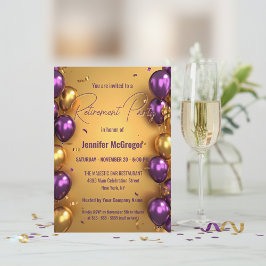 Convite Elegante Glam Purple Dourado Balões de Aposentação