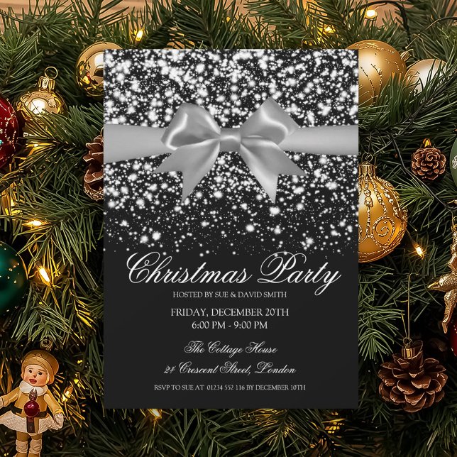 Convite Elegante Glamour em Prata Arco de Natal Festa  (Elegant Silver Glam Bow Christmas Party Invitation)
