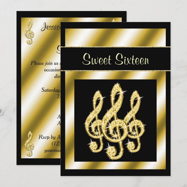 Convite Elegante, Glamourosa D clave de sol dourada Sweet  (Frente/Verso)