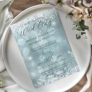 Convite Elegante Glamouroso Azul Brilho Foto Casamento