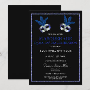 Convite Elegante Glitter Azul Máscara Quinceañera